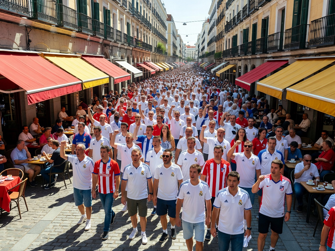 Crowd of football enthusiasts gathering on vibrant Madrid boulevard lined with cafes