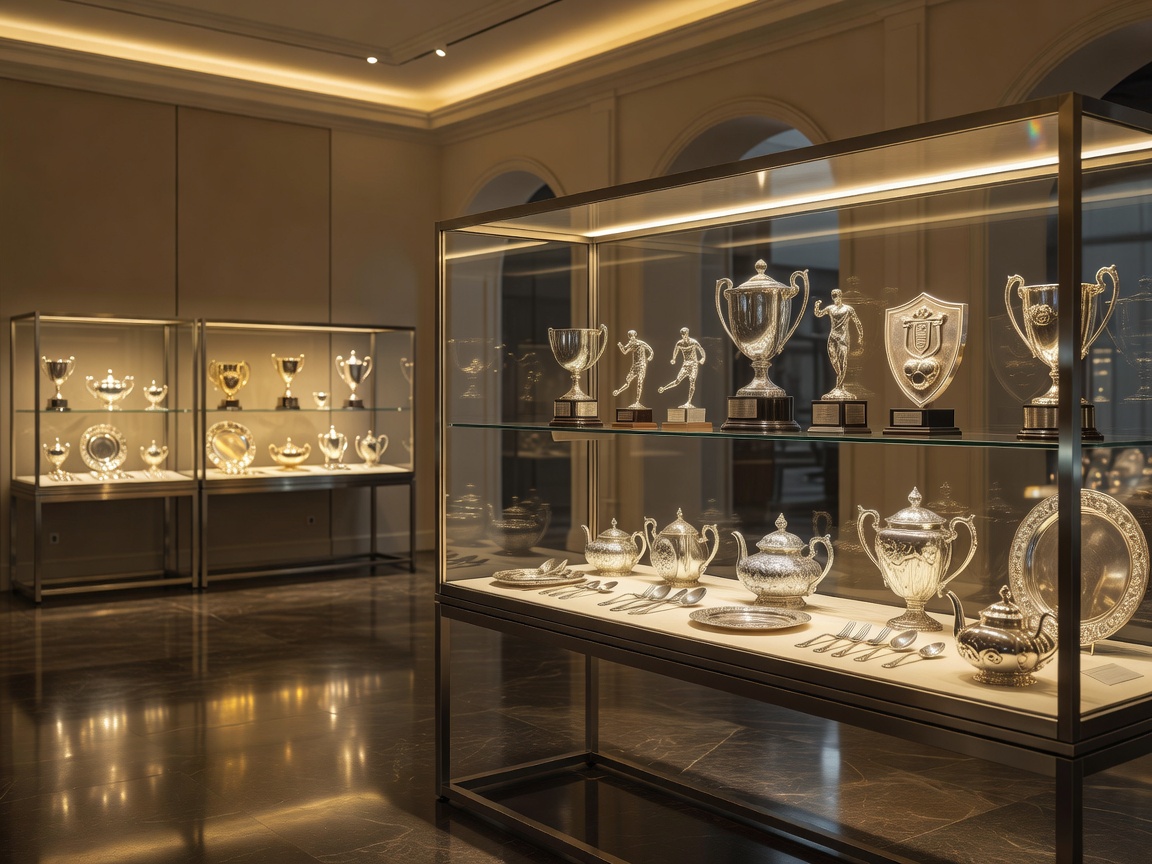 Exhibition hall displaying silverware and football trophies in soft golden illumination