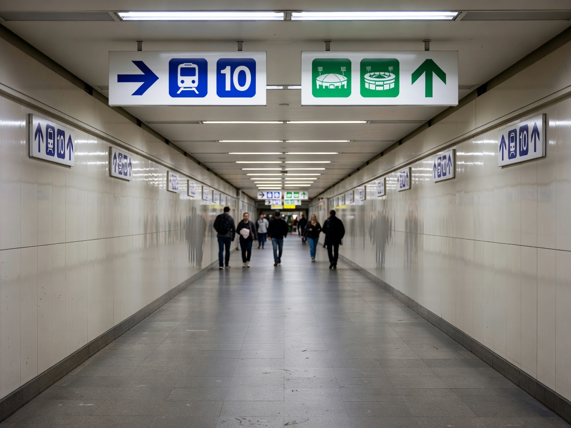 Clean Madrid metro station platform leading toward football match day entrance