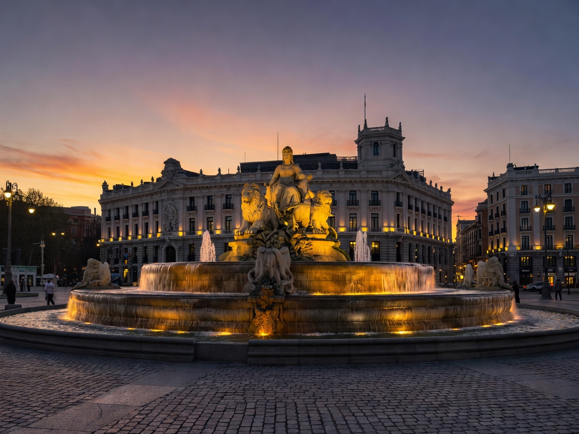 Plaza de Cibeles illuminated stone fountain at dusk in central Madrid